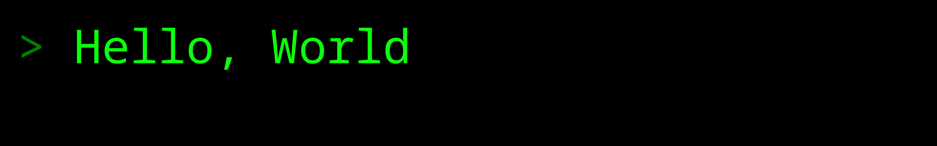 "Hello, World" in green on a black background